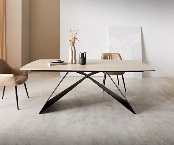 Jídelní stůl Edge lodní tvar keramický travertinová barva 200x100 V-noha plochý kov černý - Image 4