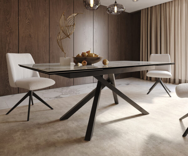 Jídelní stůl Edge keramika Minas Melange bílá-béžová 200-300x100 cm, křížová kovová černá podnož, rozkládací, obdélníkový - Image 7