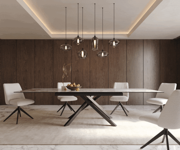 Jídelní stůl Edge keramika Minas Melange bílá-béžová 200-300x100 cm, křížová kovová černá podnož, rozkládací, obdélníkový - Image 5