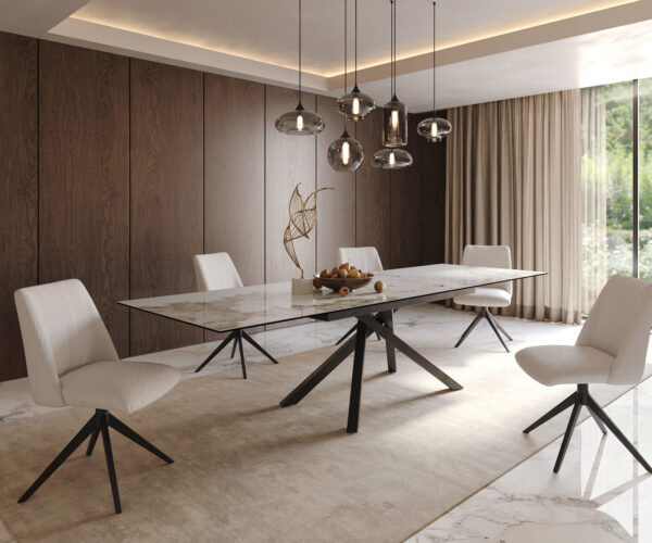 Jídelní stůl Edge keramika Minas Melange bílá-béžová 200-300x100 cm, křížová kovová černá podnož, rozkládací, obdélníkový - Image 8