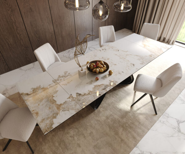 Jídelní stůl Edge keramika Minas Melange bílo-béžová 200–300×100 cm, černá kovová podnož, rozkládací - Image 7