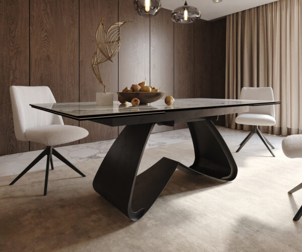 Jídelní stůl Edge keramika Minas Melange bílo-béžová 200–300×100 cm, černá kovová podnož, rozkládací - Image 8