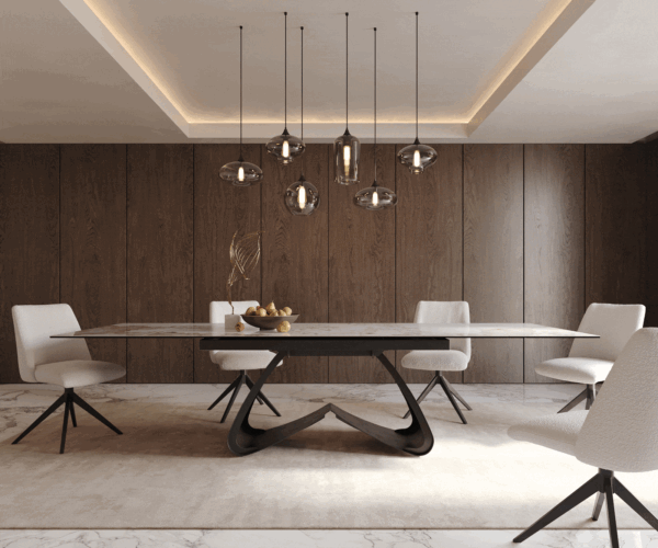 Jídelní stůl Edge keramika Minas Melange bílo-béžová 200–300×100 cm, černá kovová podnož, rozkládací - Image 6