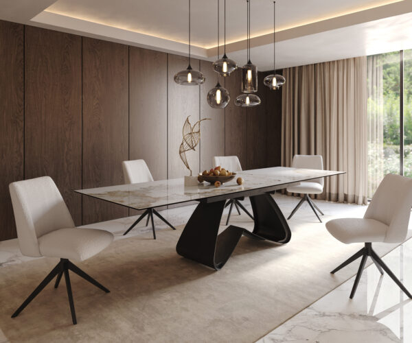 Jídelní stůl Edge keramika Minas Melange bílo-béžová 200–300×100 cm, černá kovová podnož, rozkládací - Image 9