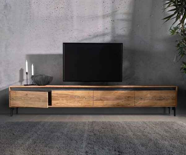 TV stolek Stonegrace 240 cm akácie natural 4 dveře oválné nohy kov černý - Image 5