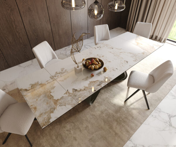 Jídelní stůl Edge keramika Minas Melange bílá-béžová 200-300x100 cm, kovová podnož s efektem titanu, rozkládací - Image 7