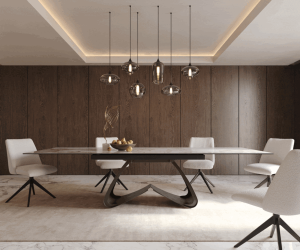 Jídelní stůl Edge keramika Minas Melange bílá-béžová 200-300x100 cm, kovová podnož s efektem titanu, rozkládací - Image 6