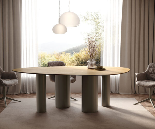 Jídelní stůl Edge oválný 220x120 keramika Laminam® Sabbia dubová barva Pilier kovový efekt titanový - Image 2