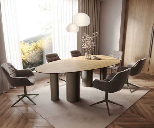 Jídelní stůl Edge oválný 220x120 keramika Laminam® Sabbia dubová barva Pilier kovový efekt titanový - Image 7