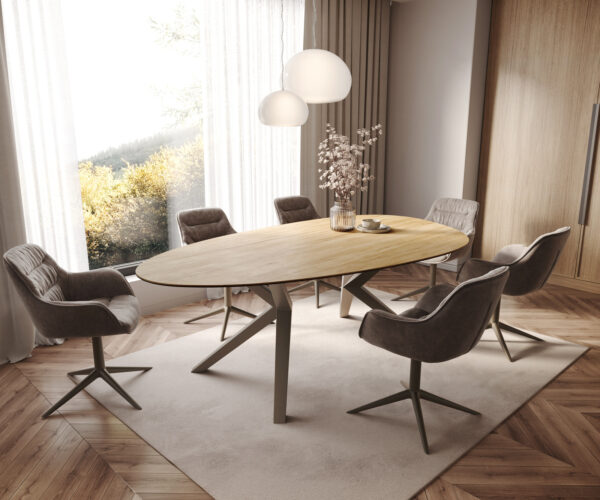 Jídelní stůl Edge oválný 220x120 keramický Laminam® Sabbia dubová barva Zenthara s hranatým kovovým efektem titanový - Image 7