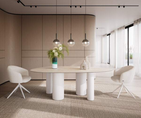 Jídelní stůl Edge oválný 220x120 keramika Laminam® Travertino Bianco krémově bílý Pilier kov bílý - Image 2