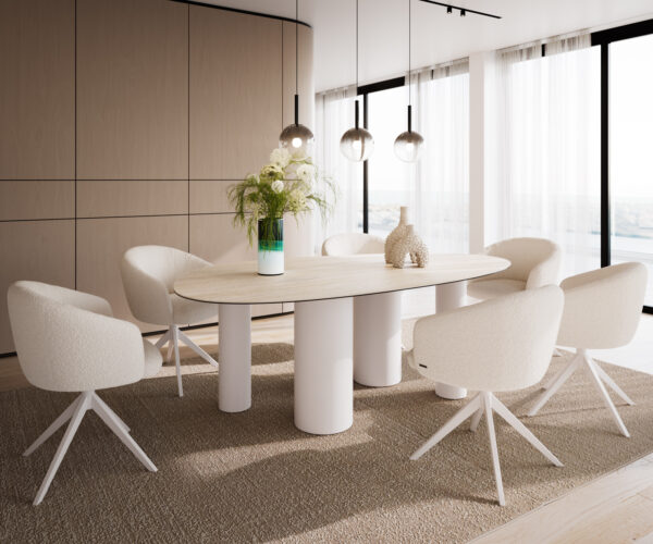 Jídelní stůl Edge oválný 220x120 keramika Laminam® Travertino Bianco krémově bílý Pilier kov bílý - Image 6