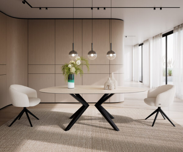 Jídelní stůl Edge oválný 220x120 keramika Laminam® Travertino Bianco krémově bílý Zenthara hranatý kov černý - Image 2