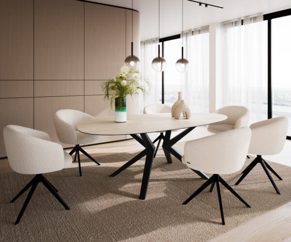 Jídelní stůl Edge oválný 220x120 keramika Laminam® Travertino Bianco krémově bílý Zenthara hranatý kov černý - Image 6
