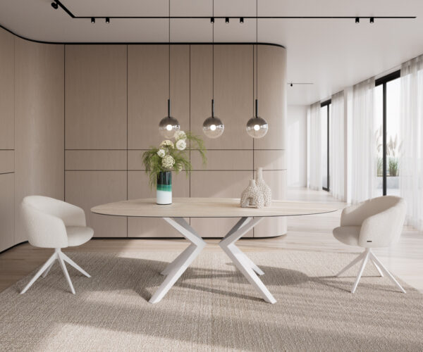 Jídelní stůl Edge oválný 220x120 keramika Laminam® Travertino Bianco krémově bílý Zenthara hranatý kov bílý - Image 2