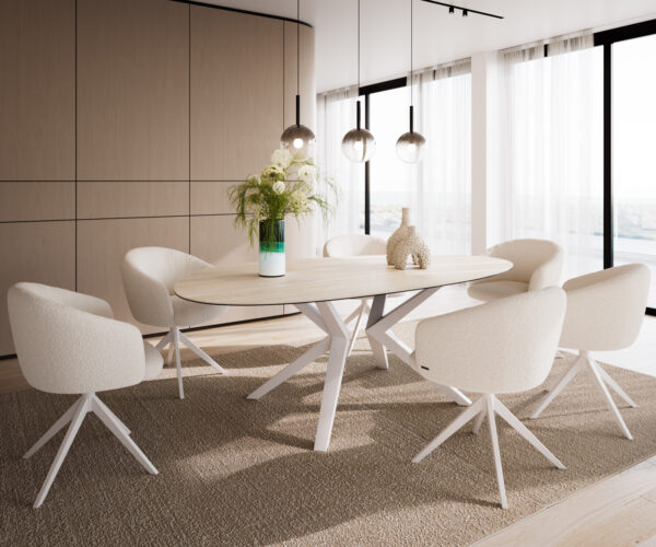 Jídelní stůl Edge oválný 220x120 keramika Laminam® Travertino Bianco krémově bílý Zenthara hranatý kov bílý - Image 6