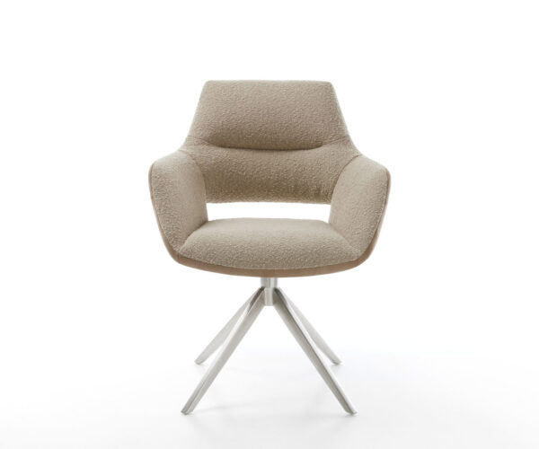 Jídelní židle Yago-Flex s područkami, kombinované materiály, taupe, křížová podnož, široká houpací funkce, nerezová ocel, otočné o 360° - Image 2