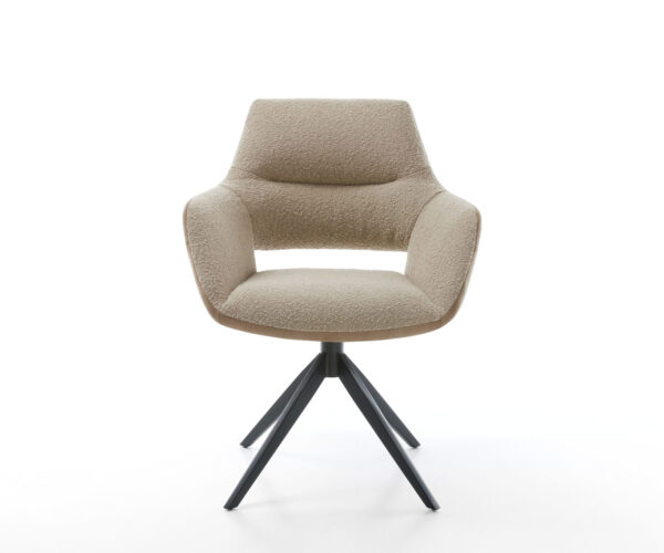 Jídelní židle Yago-Flex s područkami, kombinované materiály, taupe, křížová podnož, široká houpací funkce, černá, otočné o 360° - Image 2