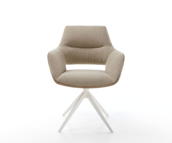 Jídelní židle Yago-Flex s područkami, kombinace materiálů, taupe, křížová podnož, široká houpací funkce, bílá, otočné o 360° - Image 2
