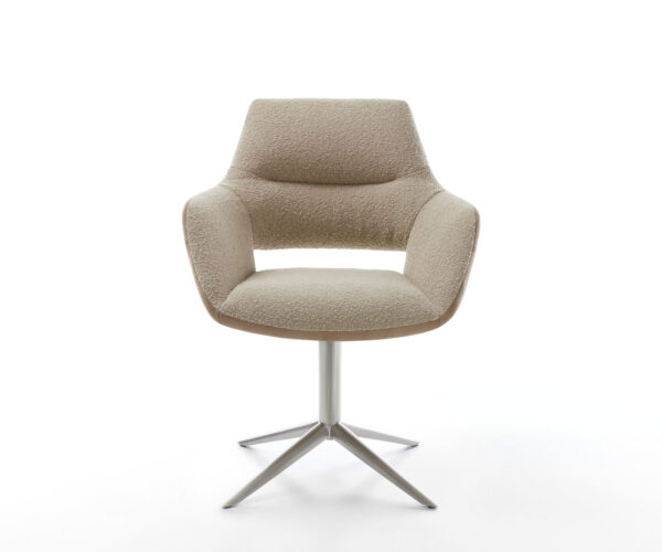 Jídelní židle Yago-Flex s područkami, kombinované materiály, taupe, křížová podnož z nerezové oceli, otočné o 360°, funkce houpání, jádro z taštičkových pružin - Image 2