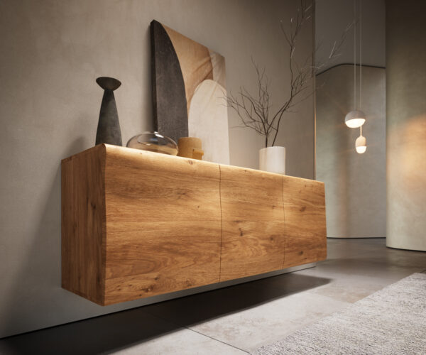 Komoda New Live-Edge 145 cm přírodní dub, 3 dveře, nohy ve stylu plovoucí - Image 9