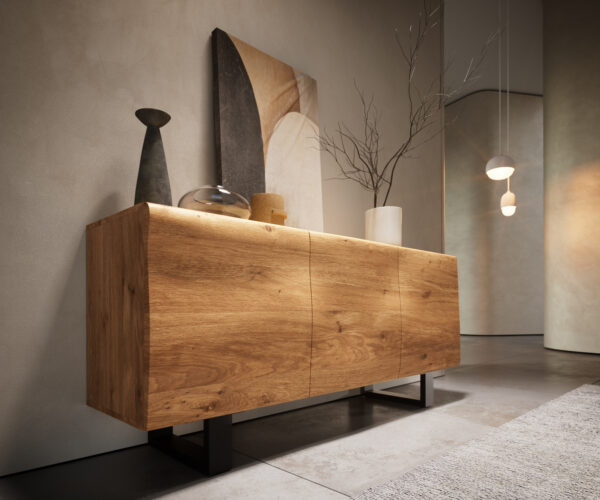 Komoda New Live-Edge 145 cm přírodní dub 3 dveře kovový rám na kolečkách černý - Image 9