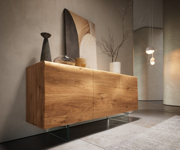 Komoda New Live-Edge 145 cm přírodní dub 3 dveře skleněná noha - Image 9