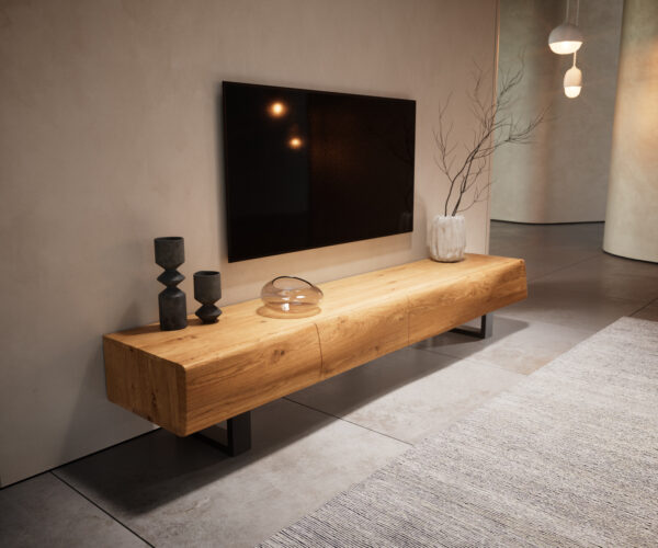 TV stolek New Live-Edge 200 cm přírodní dub 4 dveře kovový rám na kluzácích černý - Image 8