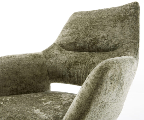 Jídelní židle Yago-Flex s područkami, křížový rám, kuželové kovové nohy, černá, chenille olivová, otočné o 180° - Image 4