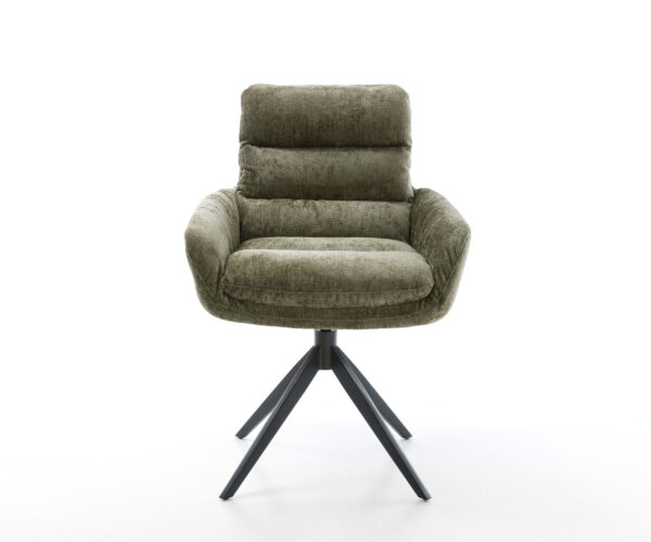 Jídelní židle Abelia-Flex s područkami, křížová podnož, široká, kovová, černá, chenille olivová, otočná o 360°, houpací funkce - Image 2