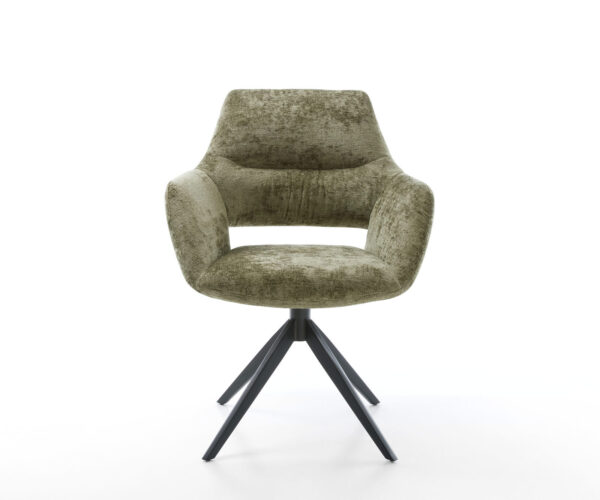 Jídelní židle Yago-Flex s područkami, křížový rám, široký, kovový, černý, chenille olivový, otočný o 360°, s funkcí houpání - Image 2