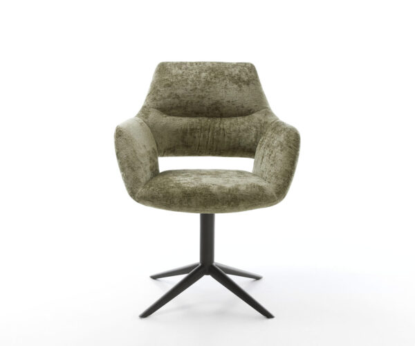 Jídelní židle Yago-Flex s područkami, křížová kovová černá podnož, olivový chenille, otočné o 360°, funkce houpání - Image 2