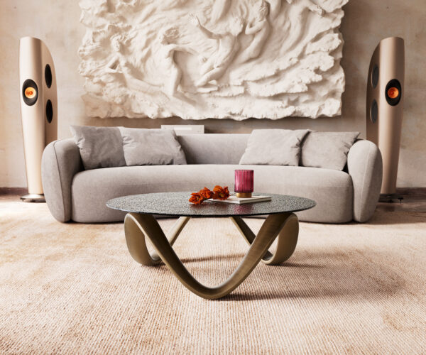 Konferenční stolek Tanju 90x90 cm kovově zlatý reliéfní sklo taupe - Image 2